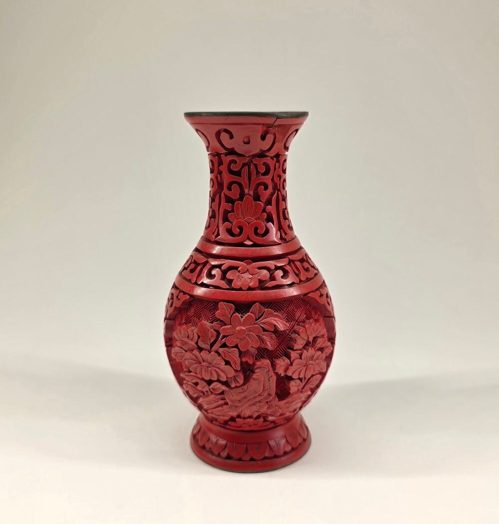 Vintage Chinese Carved Cinnabar Style Red Vase 5" Floral Asian Decor